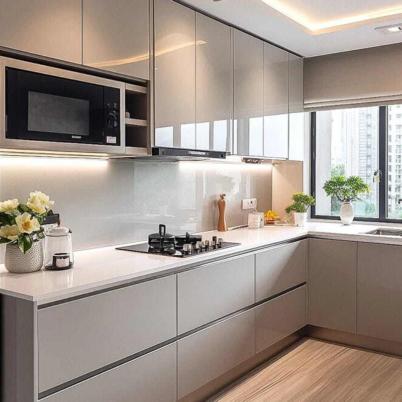 Furnir din lemn de lux, modern minimalist, ascuns și dulapuri de bucătărie din piatră sinterizată