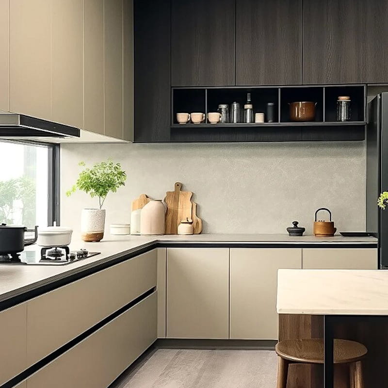 Lac metalic minimalist italian din titan și dulapuri de bucătărie din piatră de lux